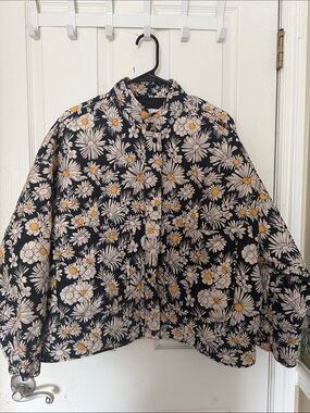 Zara Black Floral Daisy Puffer Jacket with Yellow Centers
